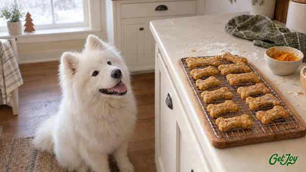 White Samoyed watching homemade bone-shaped dog biscuits cooling on a kitchen counter