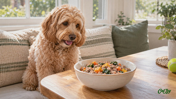 Apricot Cockapoo gazing at a bowl of fresh dog food in a breakfast nook