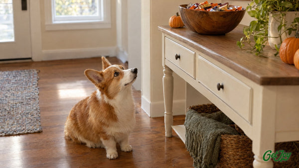 Red and white Corgi looking up at Halloween candy safely out of reach on a console table