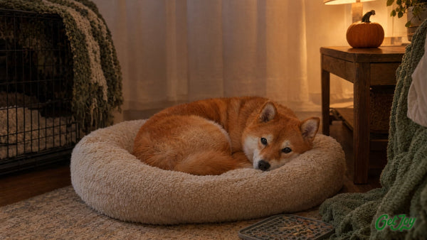 Red Shiba Inu resting on a cream dog bed in a quiet bedroom with Halloween accents