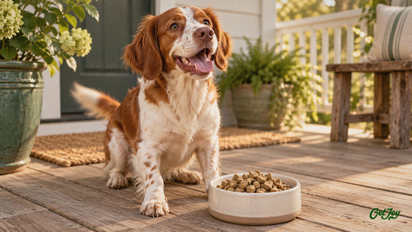 Brittany spaniel sitting on a porch beside a bowl of freeze-dried raw dog food