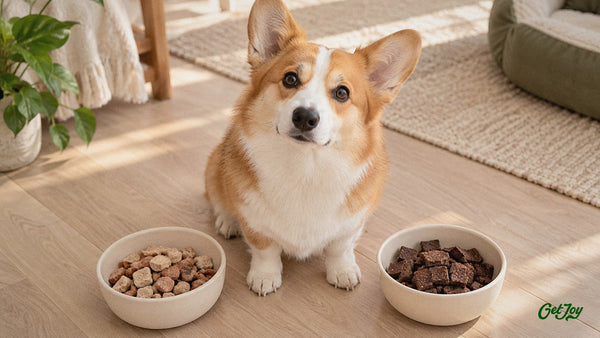 Corgi sitting between a bowl of freeze-dried raw and a bowl of air-dried dog food