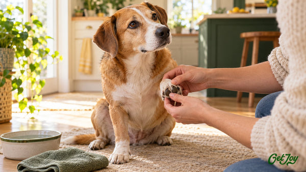 Owner gently checking a limping dog's paw pads at home
