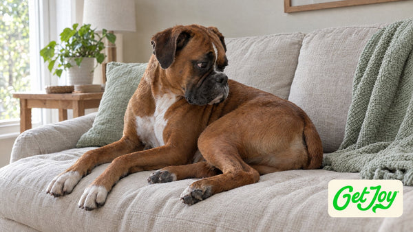 Fawn Boxer lying on a cream sofa, looking back over its shoulder with a puzzled expression