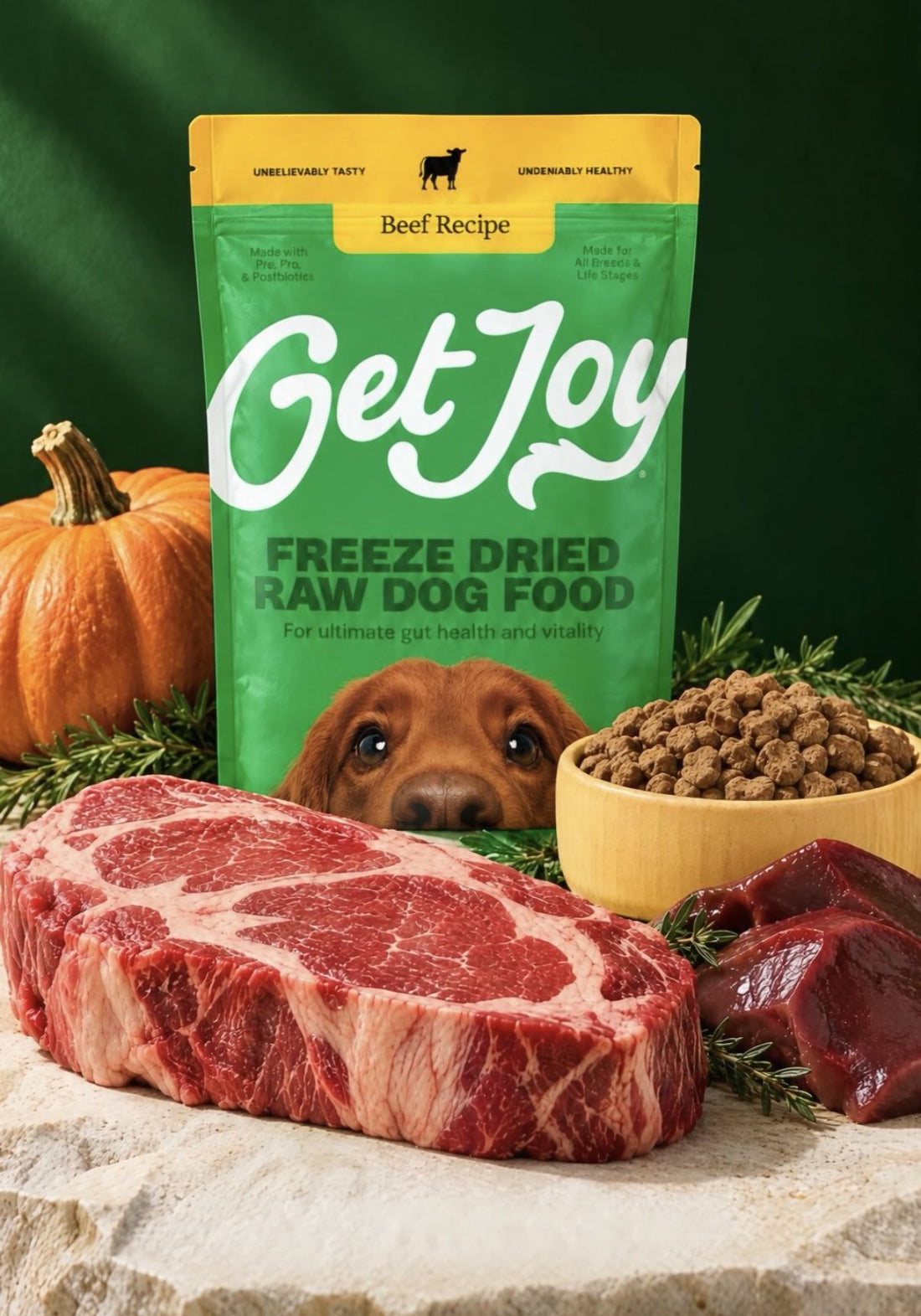 Get Joy Freeze Dried Raw beef recipe bag with raw beef, beef liver, pumpkin and a bowl of freeze dried nuggets