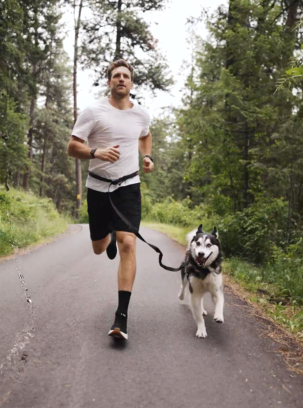 A woman runs alongside her dog on a leash, demonstration how goals for dogs and you can be achieved!