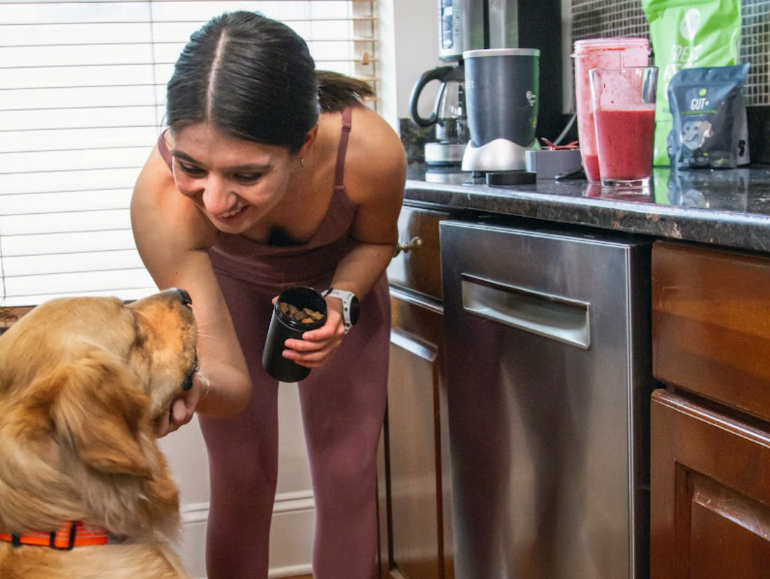 A woman sits on a staircase outside and feeds her small gray puppy, who sits in front of her, Balance treats by Get Joy.