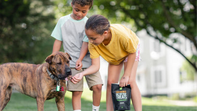 Two kids stand outside with their dog with a black bag of Get Joy's dog treats, demonstrating back to school season.