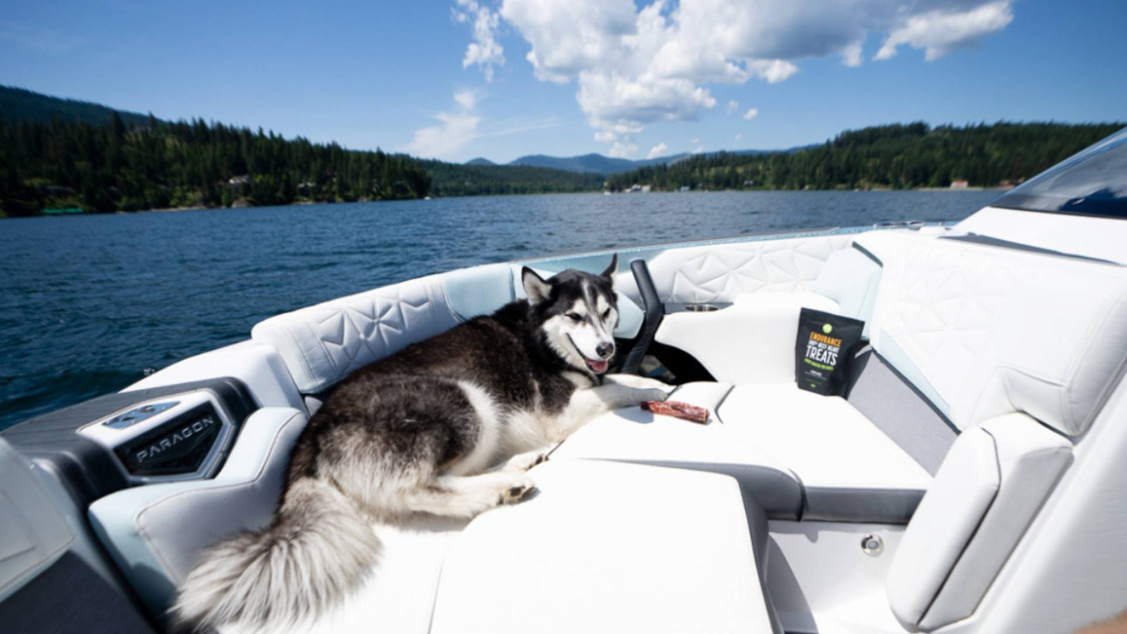 A Husky dog lounges on white cushions on a boat that's out on a blue lake. The sky is blue with minimal white clouds. A black bag of Get Joy dog treats rests beside the dog.