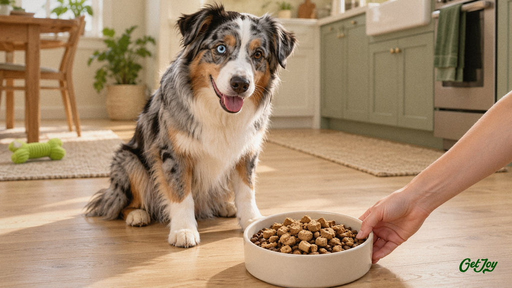 Australian Shepherd waiting by a bowl of kibble topped with freeze-dried raw nuggets