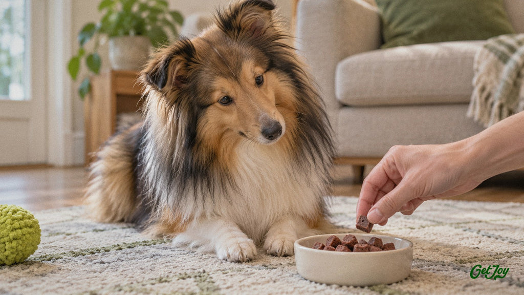 Shetland Sheepdog watching a hand reach into a dish of beef liver treats