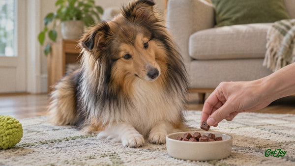 Shetland Sheepdog watching a hand reach into a dish of beef liver treats
