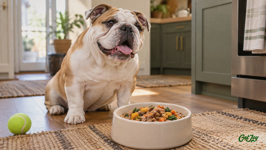 English Bulldog sitting in front of a bowl of fresh gently cooked dog food