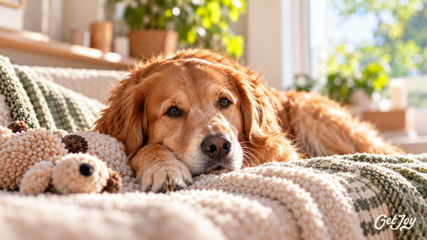 Calm golden-coated dog resting on a cozy cream and green blanket beside a soft toy