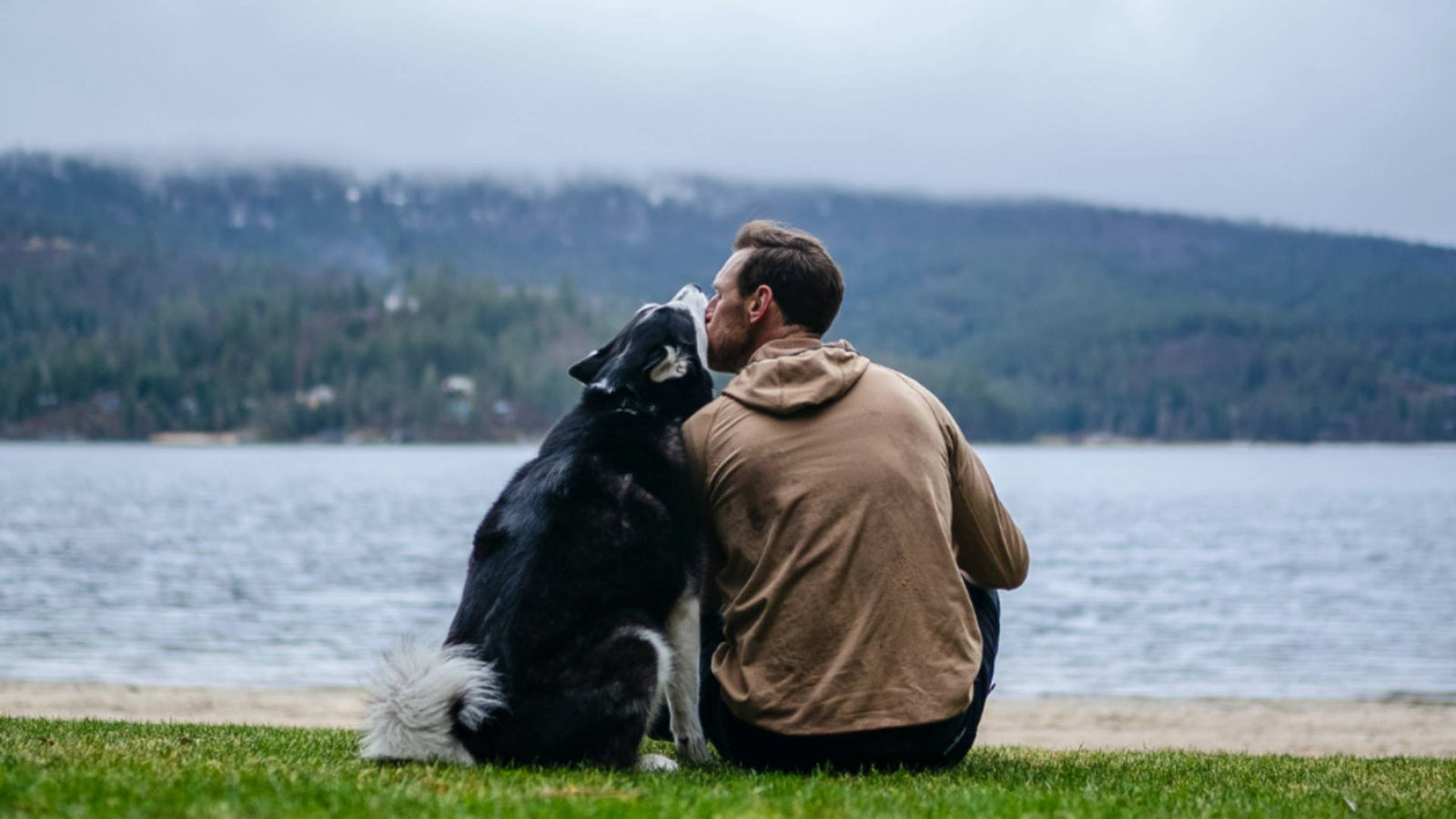 A man and his Husky dog sit in front of a lake. The man is kissing his dog's face.