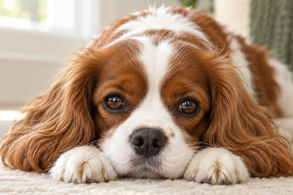 Calm Cavalier King Charles Spaniel resting its head on its paws on a soft rug