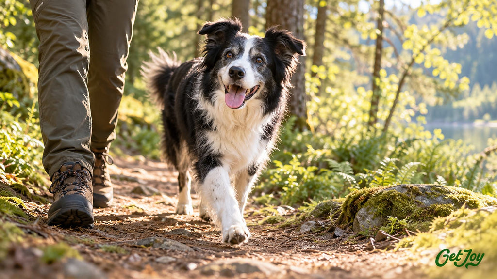 Happy senior Border Collie trotting on a forest trail beside its owner