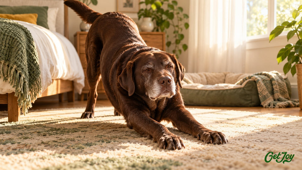 Chocolate Labrador stretching after lying down, showing morning stiffness
