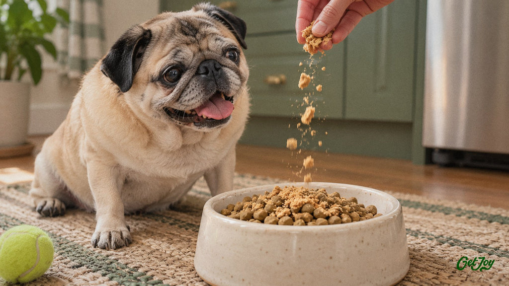 Senior Pug waiting as a freeze-dried raw topper is sprinkled on its kibble