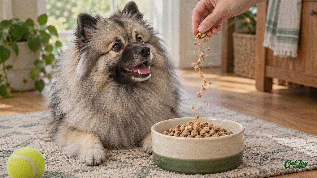 Keeshond watching a freeze-dried raw topper being sprinkled onto its food