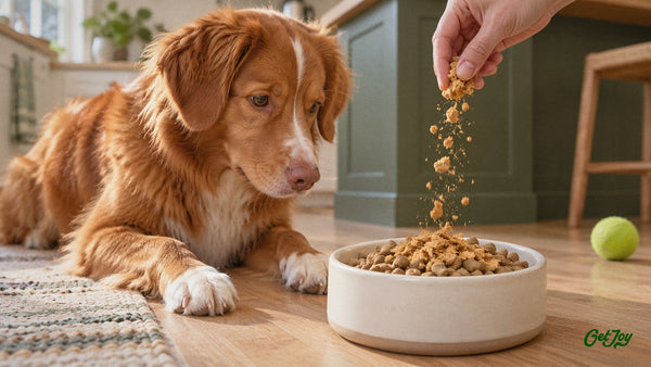 Nova Scotia Duck Tolling Retriever watching a freeze-dried raw topper being sprinkled on its food