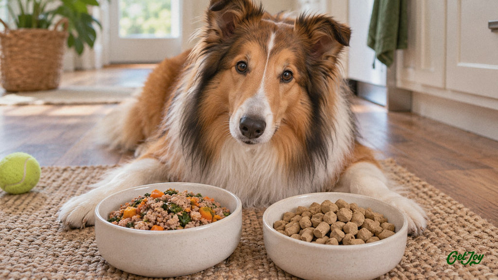 Rough Collie between a bowl of fresh dog food and a bowl of freeze-dried raw