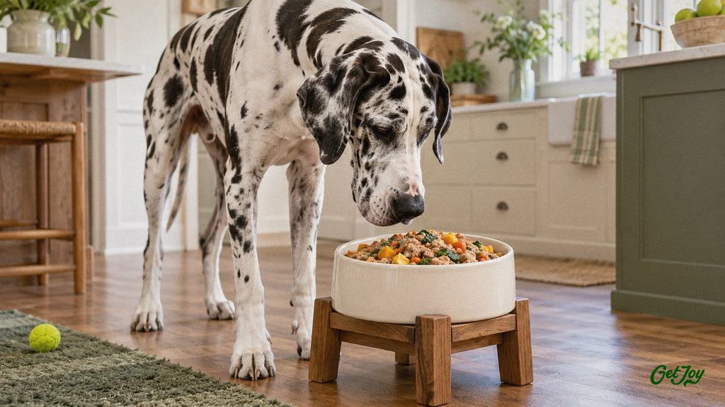 Great Dane looking at a bowl of fresh gently cooked dog food on a raised stand