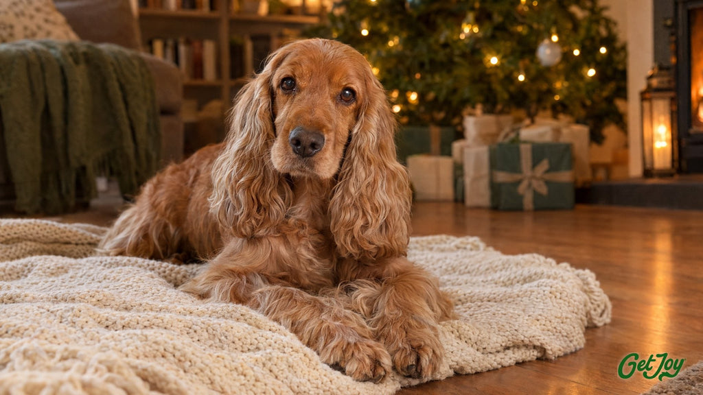 Golden English Cocker Spaniel relaxing on a cream blanket near a softly lit Christmas tree