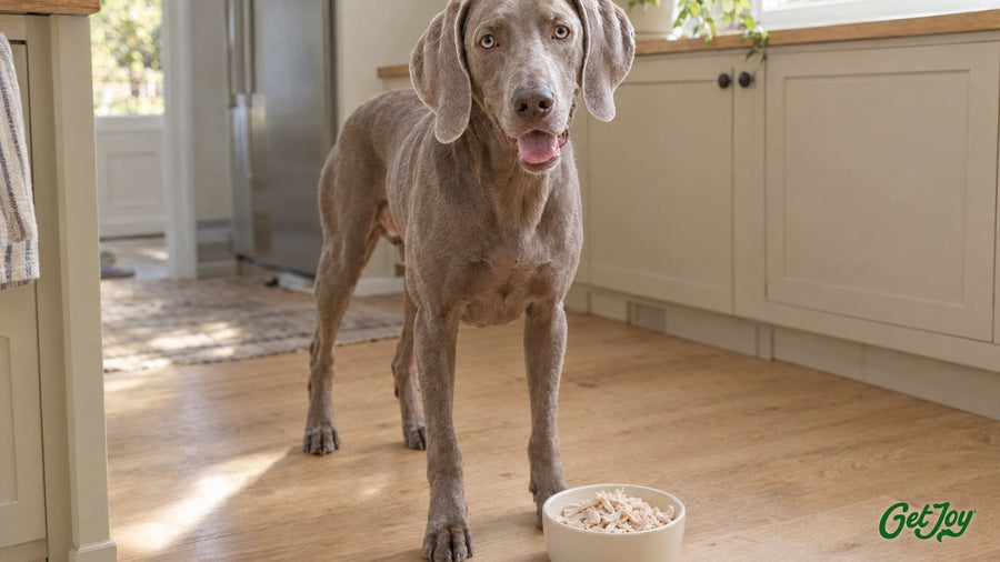 Silver-gray Weimaraner standing beside a cream bowl of plain shredded cooked turkey