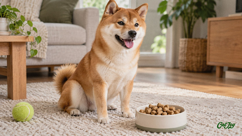 Shiba Inu sitting next to a bowl of single-protein freeze-dried raw dog food
