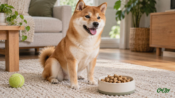 Shiba Inu sitting next to a bowl of single-protein freeze-dried raw dog food