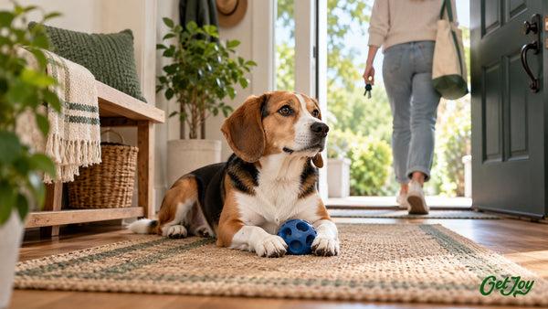 Beagle relaxing on a rug with a puzzle toy as its owner heads out the door