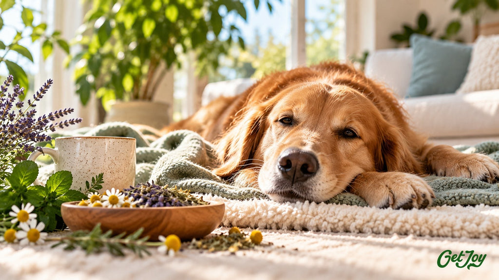Relaxed Golden Retriever resting on a cozy blanket beside chamomile and calming botanicals