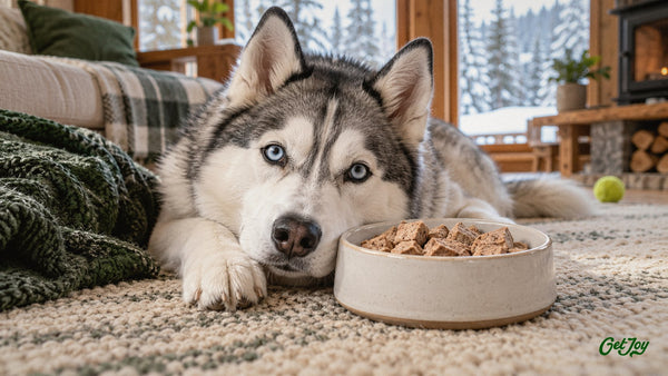 Siberian Husky resting beside a bowl of freeze-dried raw dog food in a cozy cabin
