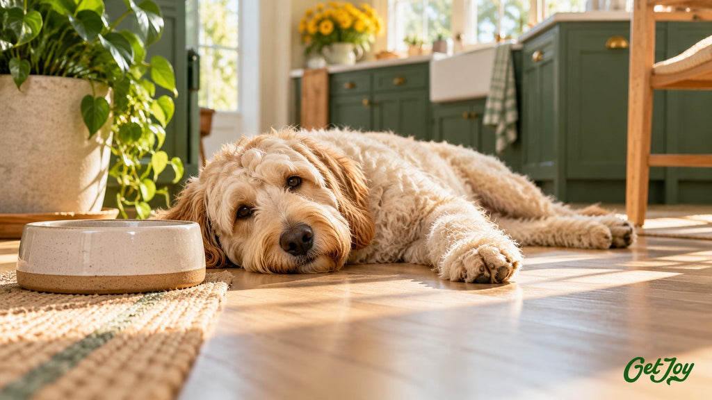 Labradoodle lying relaxed on a sunny kitchen floor after breakfast