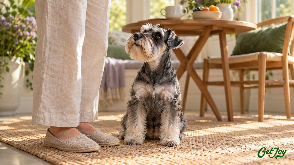 Calm Miniature Schnauzer sitting beside its owner in a sunny breakfast nook