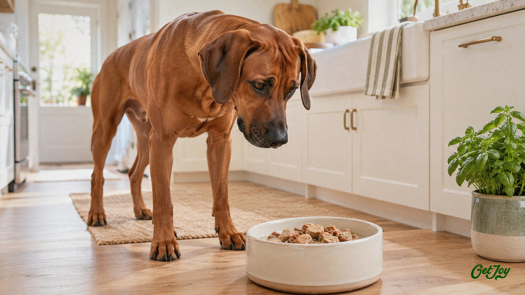 Rhodesian Ridgeback looking at a bowl of rehydrated freeze-dried raw dog food in a bright kitchen