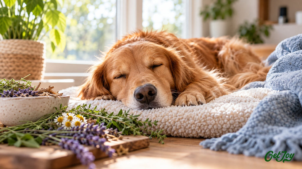 Golden Retriever sleeping peacefully on a soft bed in a sunny room with chamomile nearby