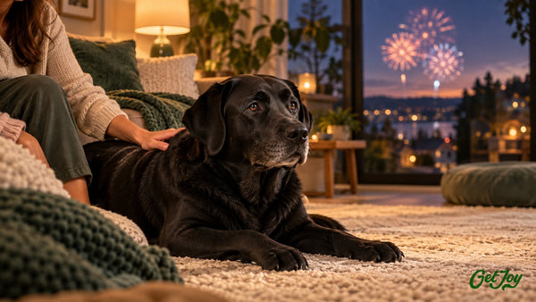 Black Labrador resting calmly on a rug while fireworks glow through the window