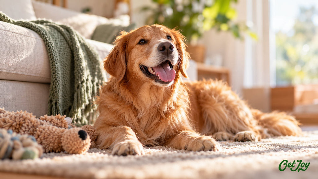 Happy Golden Retriever relaxing on a cozy rug, a breed that benefits from early hip and joint support