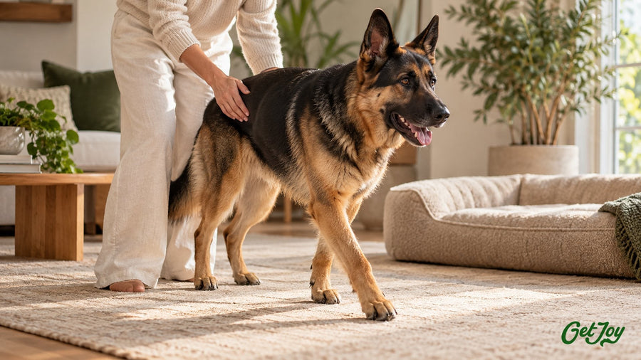 German Shepherd walking to its owner at home, a breed prone to hip dysplasia