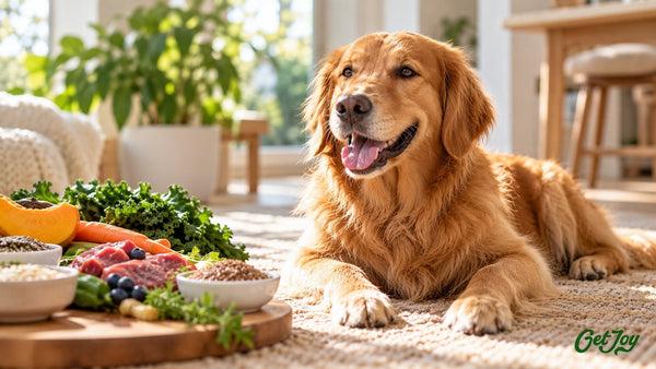 Happy Golden Retriever lying beside a board of fresh whole-food ingredients like beef, pumpkin, kale and blueberries