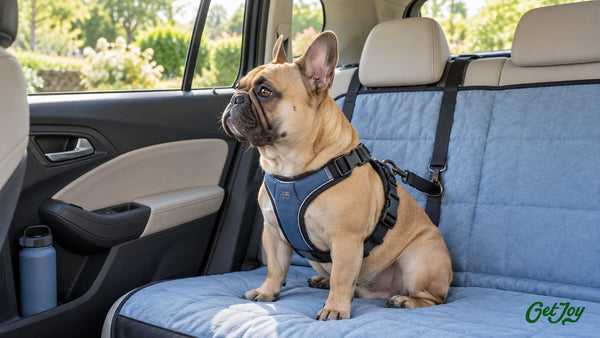 French Bulldog in a travel harness sitting calmly on a car back seat