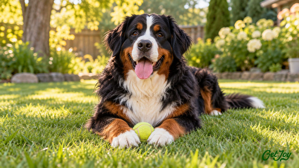 Bernese Mountain Dog lying happily in the grass with a ball after fetch