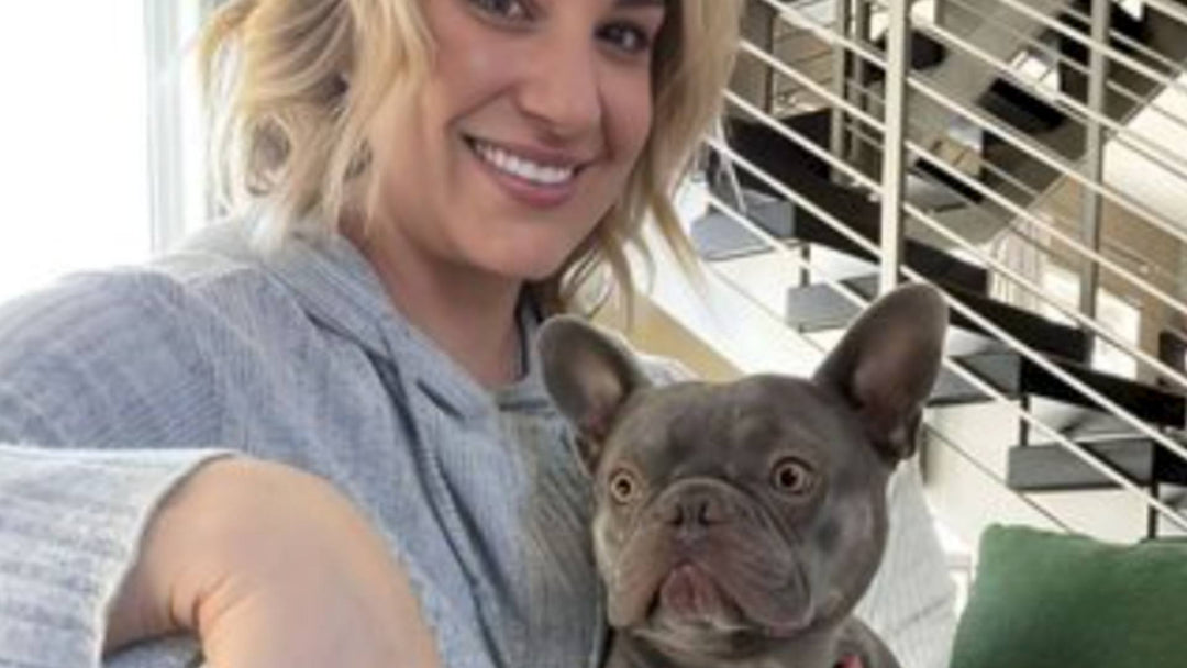 A blonde woman holds a gray french bull dog and smiles, demonstrating a new puppy.