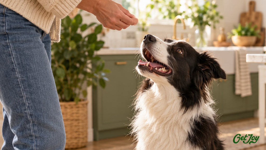Happy Border Collie looking up at its owner in a sunlit kitchen