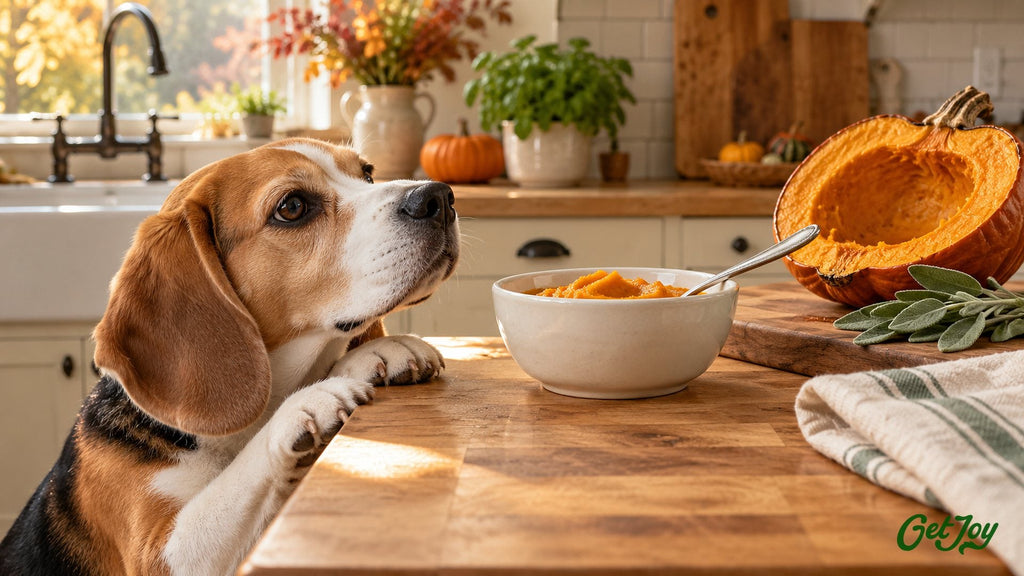 Beagle watching a bowl of plain pumpkin purée on the kitchen counter