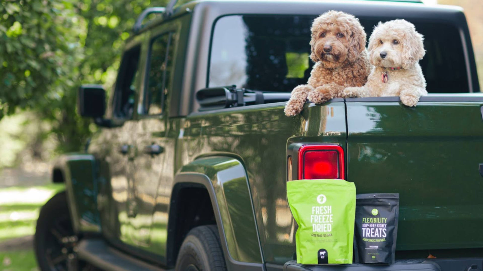 Two puppies sit in the bed of a green truck while two bags - one green and one black - of Get Joy's dog food and treats are displayed on the edge of the truck.