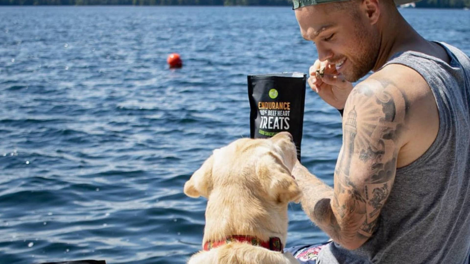 A dog sits next to his owner overlooking a lake. Get Joy's dog treats are displayed, demonstrating puppy training with treats.