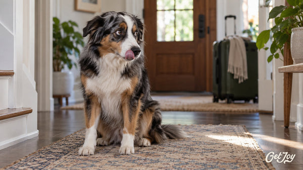Australian Shepherd showing subtle stress signals like lip licking and whale eye